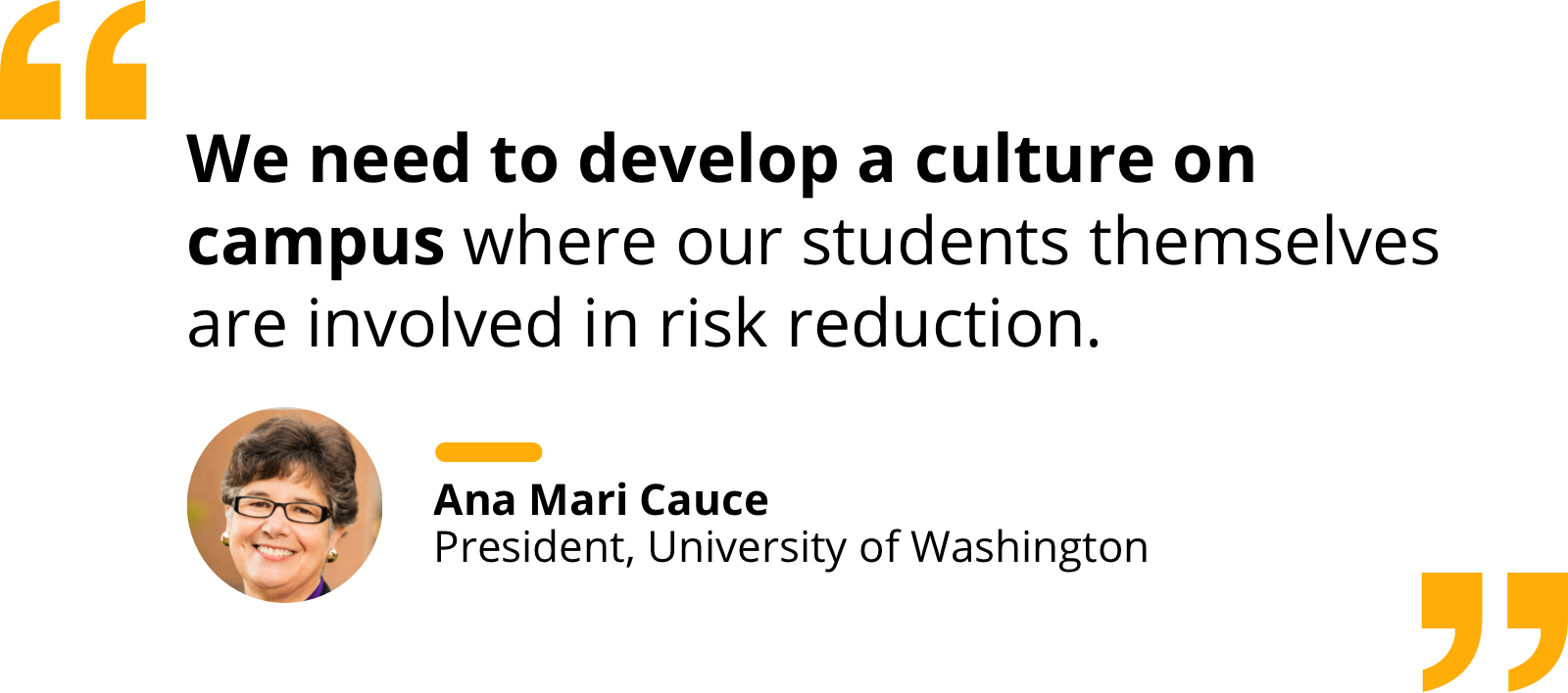 Quote by Ana Mari Cauce re: developing a campus culture where students are involved in risk reduction.
