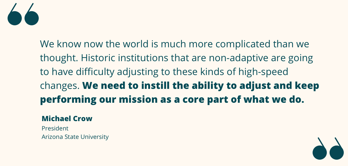 Quote from Michael Crow re the complexities of globalization and how institutions must adapt to high-speed changes.
