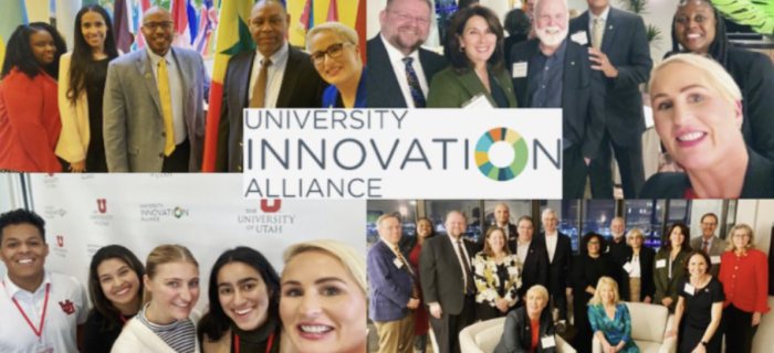 University Innovation Alliance logo and a few pictures of Bridget with UIA members
