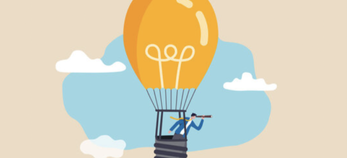 a lightbulb that doubles as a parachute, with a person sitting in the basket looking into the clouds