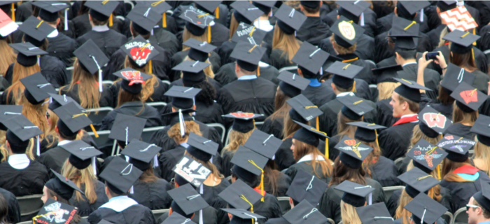 The tops of student caps